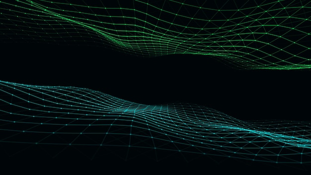 Vector colors double wave with motion dots and lines Abstract digital background Concept connection big data Futuristic technology backdrop