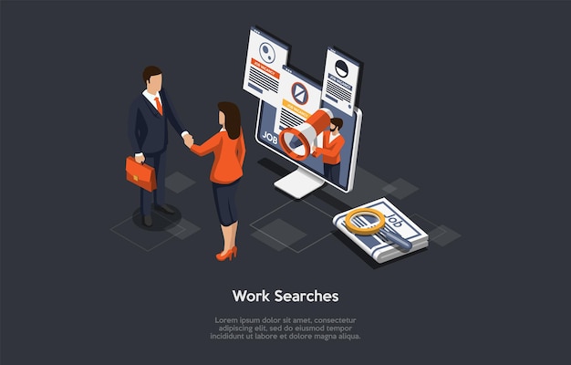 Vector Composition On Work Search, Employment Process, Job Vacancy Hire Concept. Isometric Illustration, Cartoon 3D Style. Businesspeople Shaking Hands, Desktop Computer With Information On Screen.