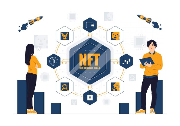 vector concept illustration of non fungible token or nft digital crypto art blockchain technology flat cartoon style