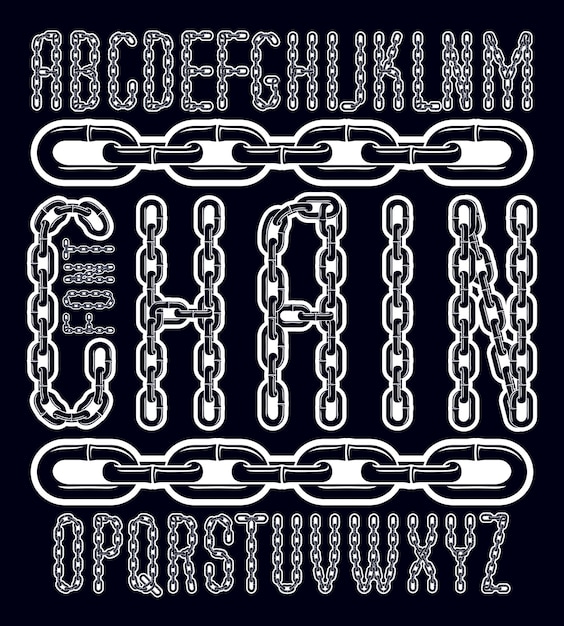 Vector condensed, tall font. Trendy typescript can be used in art creation. Capital decorative letters created using chrome chain, linkage.