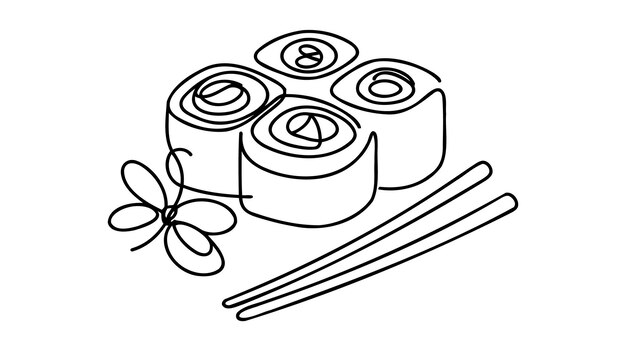 Vector continuous one single line drawing of sushi rolls in silhouette on a white background Linear stylized