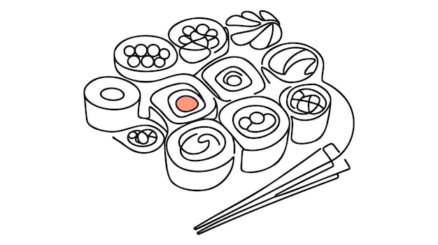 Vector continuous one single line drawing of sushi rolls in silhouette on a white background Linear stylized