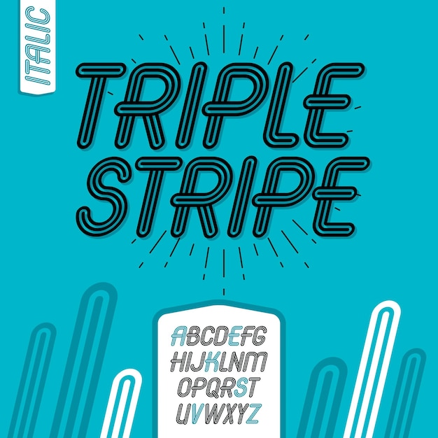 Vector cool capital alphabet letters collection. Retro italic type font, script from a to z best for use in logotype creation. Created using geometric triple stripes.