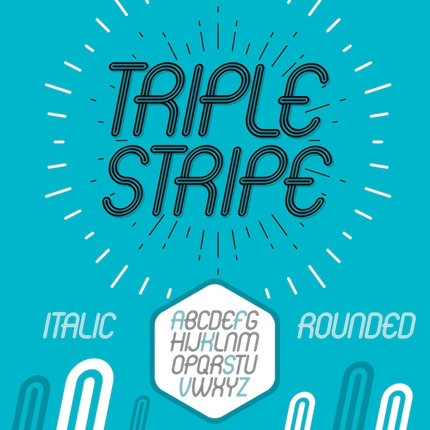 Vector cool capital alphabet letters collection. Retro rounded type font, script from a to z best for use in logotype creation. Created using triple stripy, parallel lines.