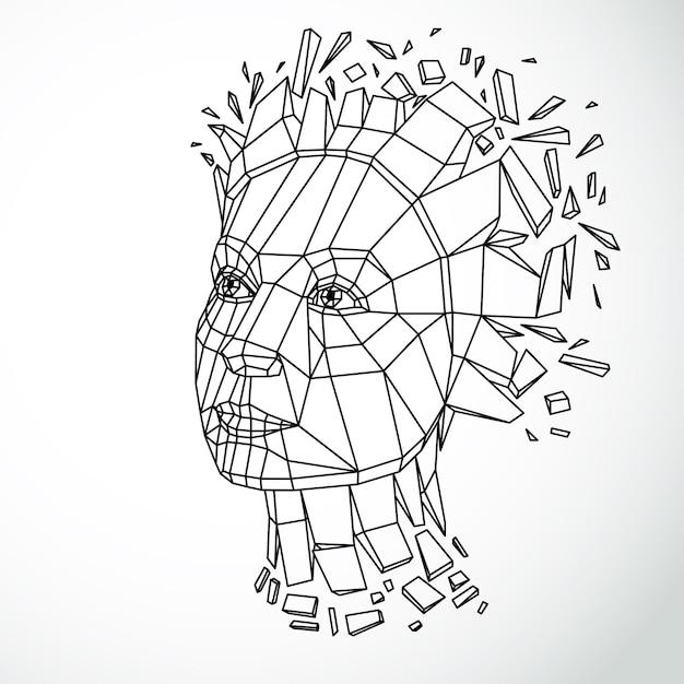Vector dimensional low poly female portrait, graphic illustration of human head broken into fragments. 3d demolished object created with fractures and different particles.