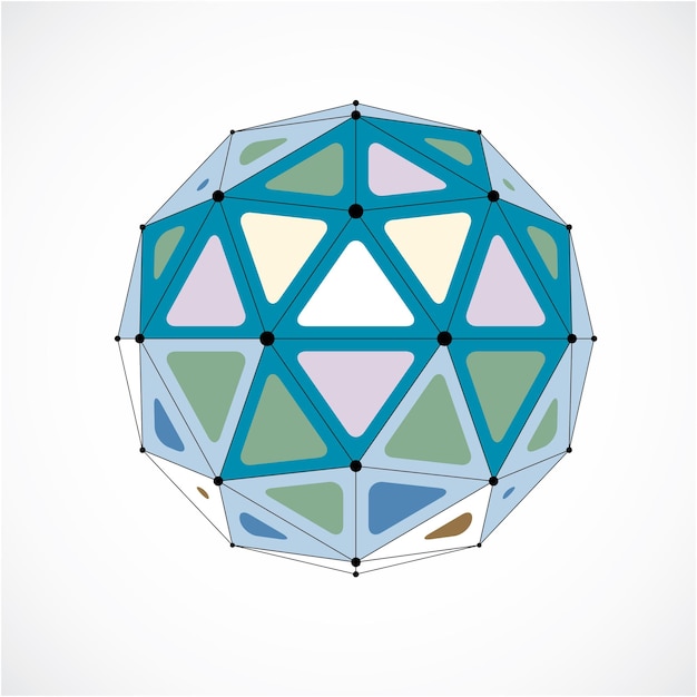 Vector dimensional wireframe low poly object, colorful spherical shape with black grid. Technology 3d mesh element made using triangular facets for use as design form in engineering.
