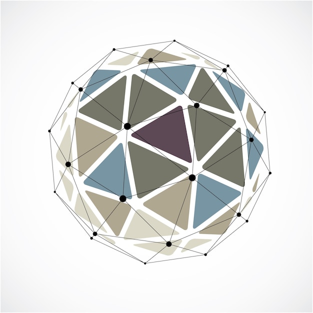 Vector dimensional wireframe low poly object, colorful spherical shape with black grid. Technology 3d mesh element made using triangular facets for use as design form in engineering.