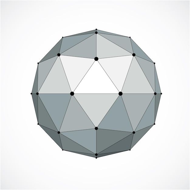 Vector dimensional wireframe low poly object, grayscale spherical shape with black grid. Technology 3d mesh element made using triangular facets for use as design form in engineering.