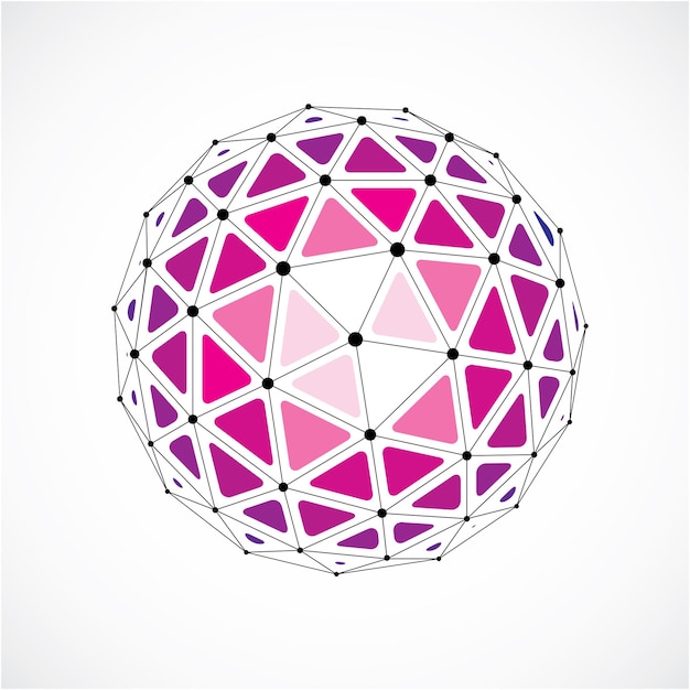 vector dimensional wireframe low poly object, purple spherical shape with black grid. technology 3d mesh element made using triangular facets for use as design form in engineering.