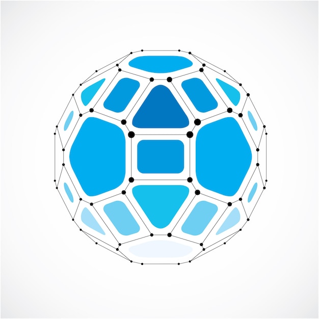 Vector dimensional wireframe low poly object, spherical blue facet shape with black grid. Technology 3d mesh element made using pentagons for use as design form in engineering.