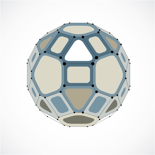 Vector dimensional wireframe low poly object, spherical gray facet shape with black grid. Technology 3d mesh element made using pentagons for use as design form in engineering.
