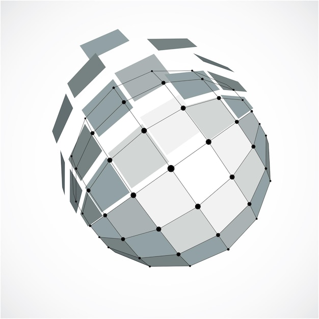 Vector dimensional wireframe low poly object, spherical gray facet shape with black grid. Technology 3d mesh element made using squares for use as design form in engineering.