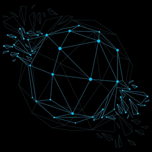 Vector dimensional wireframe luminescent object with blue connected lines, spherical demolished shape with refractions and wreckage. 3d mesh global technology element broken into pieces.