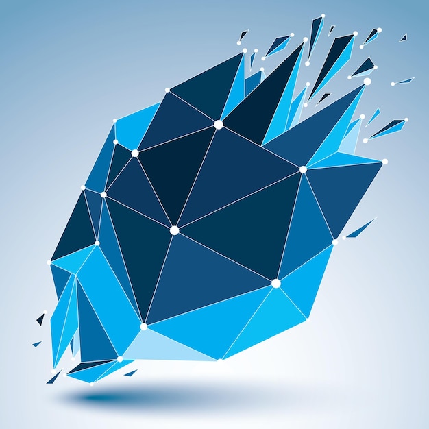 Vector dimensional wireframe luminescent object with blue connected lines, spherical demolished shape with refractions and wreckage. 3d mesh global technology element broken into pieces.