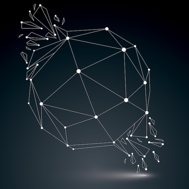 Vector dimensional wireframe luminescent object with white connected lines, spherical demolished shape with refractions and wreckage. 3d mesh global technology element broken into pieces.