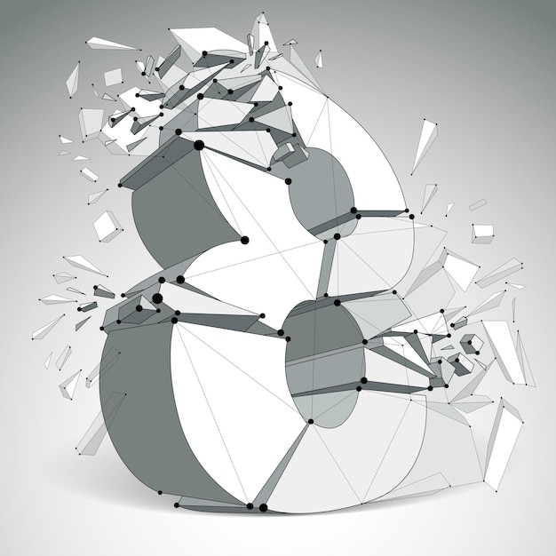 Vector dimensional wireframe number 8, demolished digit with fragments. 3d mesh technology element broken into pieces.