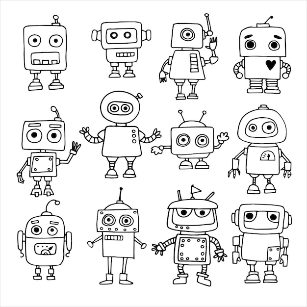 vector drawing in doodle style set of cute robots childrens line drawing funny robots