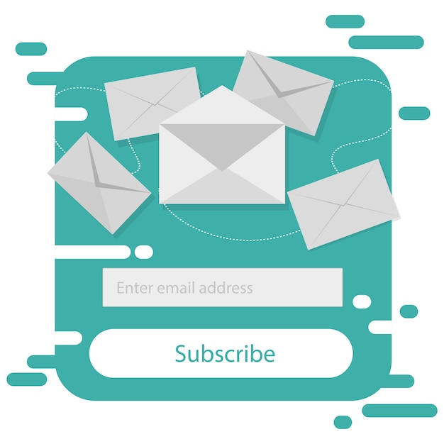 Vector email template with envelope. Flat design. Blue background.