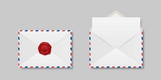Vector Envelopes with Red Wax Seal and Blank Letter Folded Unfolded Isolated Envelope Set