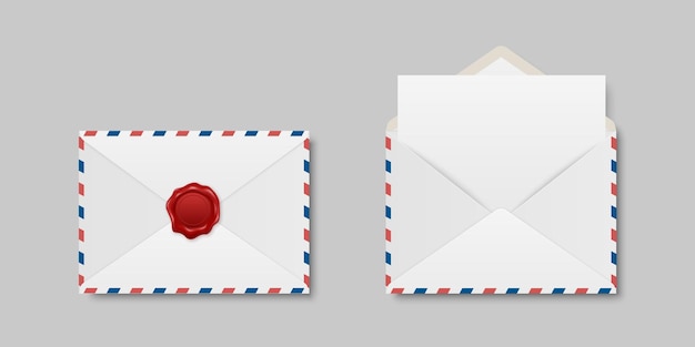 Vector Envelopes with Red Wax Seal and Blank Letter Folded Unfolded Isolated Envelope Set