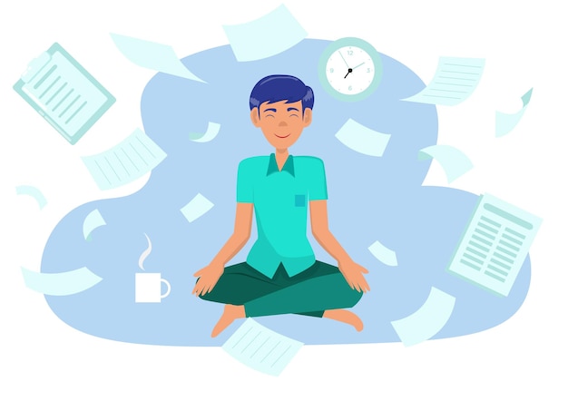 vector flat icon of man doing yoga in the office calm and relax during the working day business man meditating