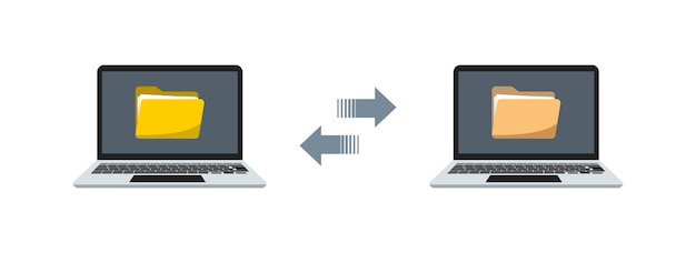 Vector flat illustration of file transfer Data exchange cloud technology between two laptops