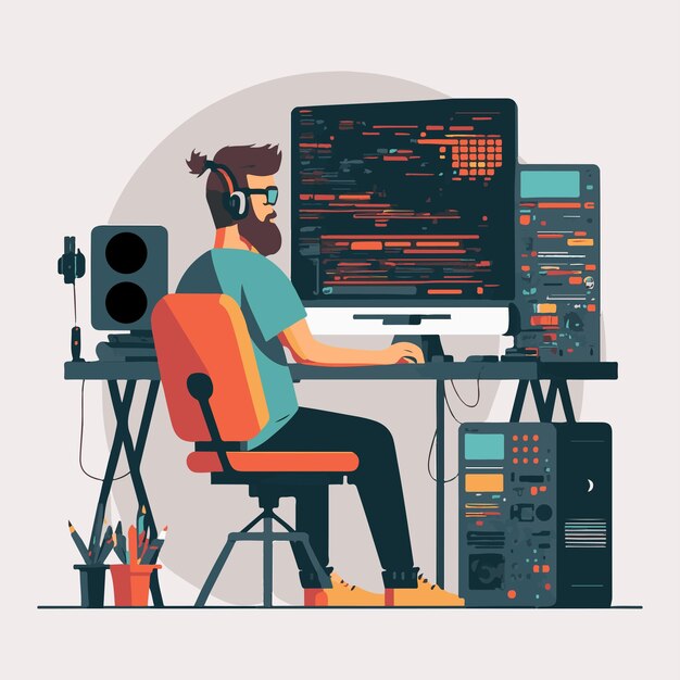 vector flat illustration software developer cyber program security