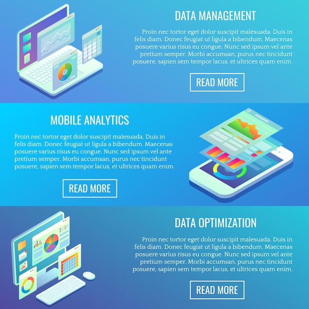 Vector flat isometric horizontal analytics banner set