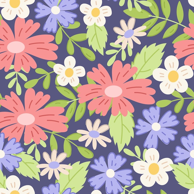 Vector Floral flat seamless Pattern Wildflowers Daisies Cornflowers and green leaves