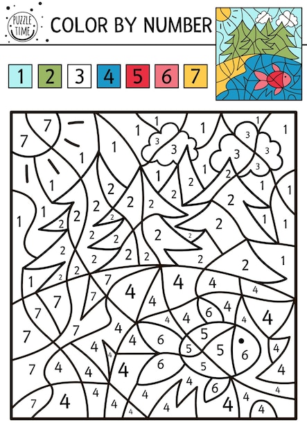 Vector forest color by number activity with fir trees river sun and bird red fish Summer road trip coloring and counting game Funny coloration page for kids with nature scene xA