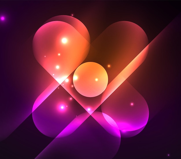 Vector glowing geometric shapes round elements and circles on dark background