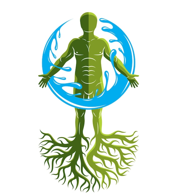 Vector graphic illustration of muscular human, individual created with tree roots and surrounded by a water ball. Body cleansing idea, alternative medicine theme picture.