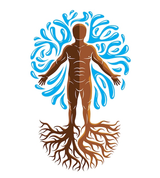 Vector graphic illustration of muscular human, individual created with tree roots and surrounded by a water ball. Body cleansing idea, alternative medicine theme picture.