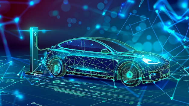 Vector green vehicles blue polygonal electro car with electro station on blue technology background
