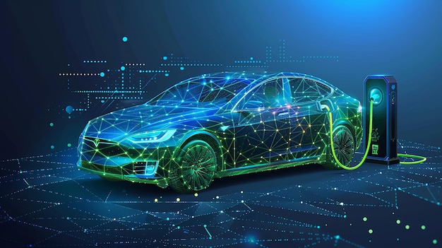 Vector green vehicles blue polygonal electro car with electro station on blue technology background