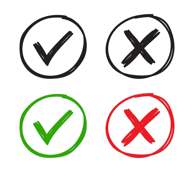 Vector Hand Drawn Check And Cross In Circle Icon Set