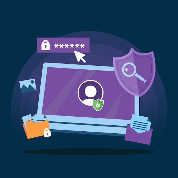 vector hand illustration cyber security safe laptop user