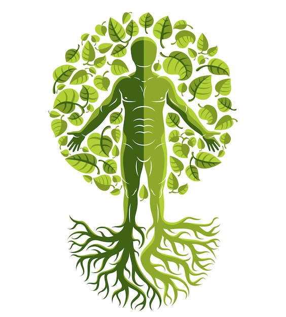 Vector human, individuality created with tree roots and surrounded by eco green leaves. Family tree, tree of life conceptual graphic illustration.