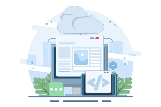 vector illustration about Cloud based web hosting concept or Website hosted on cloud server