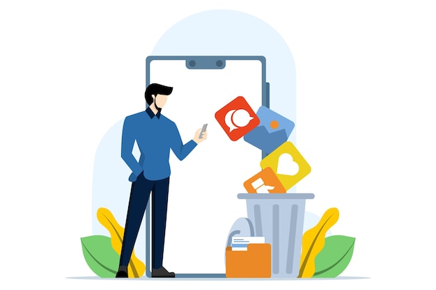 vector illustration about the concept of a character cleaning a cell phone from junk files