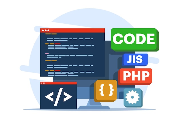 vector illustration about Web development concept or web designing with computer programming