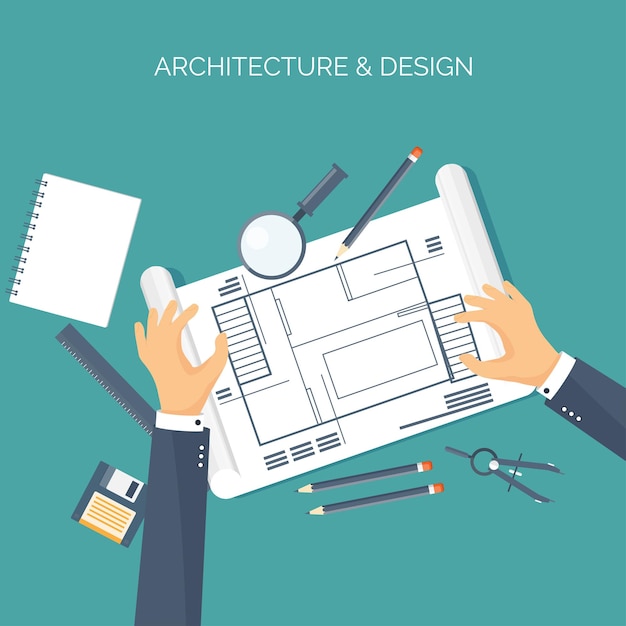 Vector illustration flat architectural project teamwork building and planning construction pencil