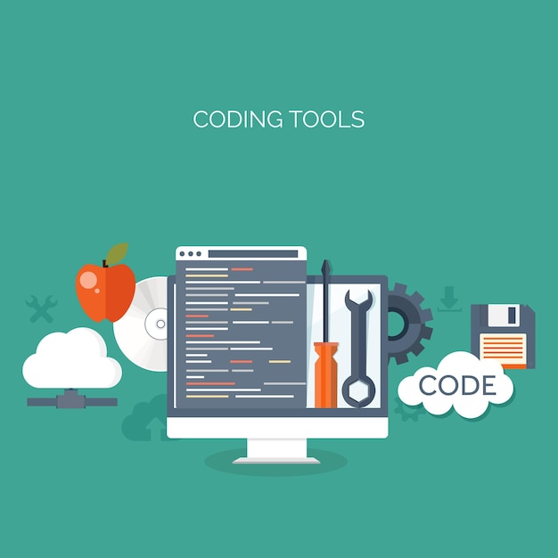 Vector illustration flat background coding programming and seo search engine optimization app