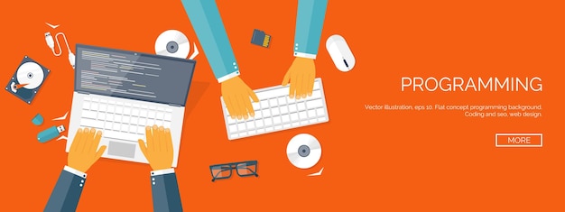 Vector illustration flat background coding programming seo search engine optimisation app