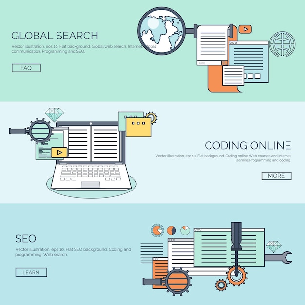Vector illustration flat background coding programming seo search engine optimisation app