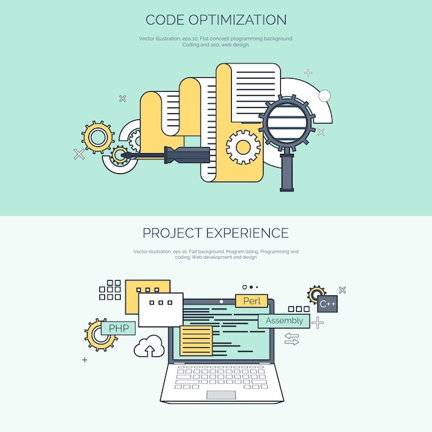 vector illustration flat computing background programming coding web development and search seo