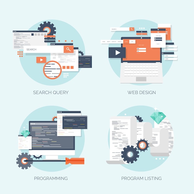 Vector illustration flat computing background programming coding web development and search seo