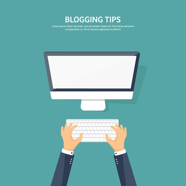 Vector illustration flat hands with compuiter computing and blogging