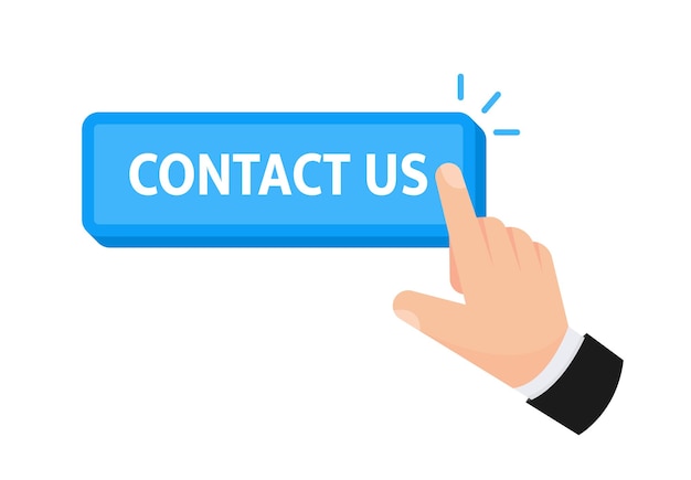 Vector illustration of a hand initiating contact by pressing a Contact Us button indicating customer