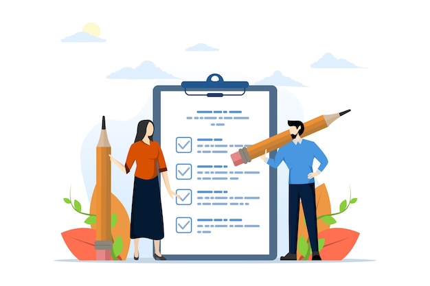 vector illustration of a task checklist concept with a businessman with a pencil checklist